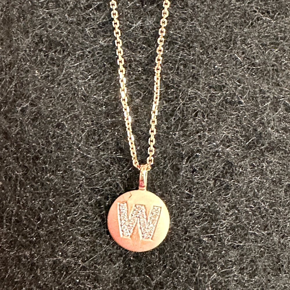 14k gold necklace with “W” diamond cut initial, 18” length